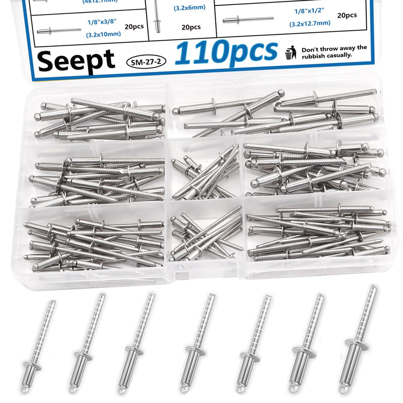 [Australia - AusPower] - 110pcs 7-Sizes 304 Stainless Steel Pop Rivets Assortment Kit 1/8",5/32",3/16" Pop Rivets Stainless Steel Blind Rivets kit Rosette Rivets Stainless Steel Rivet 
