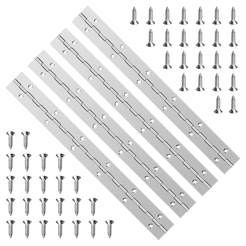 [Australia - AusPower] - 4pcs 12inch Piano Hinge, Stainless Steel Continuous Hinge, Piano Hinges Heavy Duty with 48pcs Screws for Cabinets Boat Marine Door DIY Woodworking Storage Box Hatche Furniture Hardware Silver 