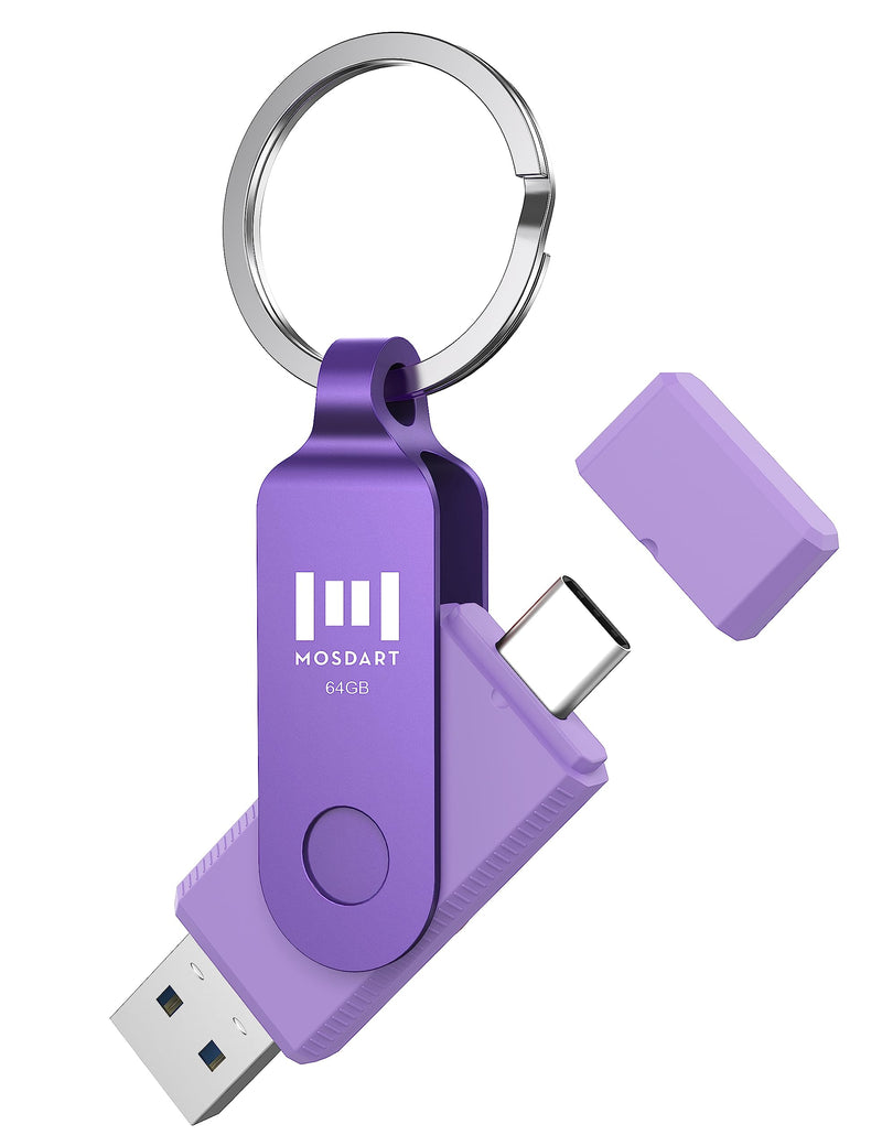 [Australia - AusPower] - MOSDART 64GB USB C Dual Flash Drive with Keychain - 2 in 1 OTG USB 3.0 Type-C Thumb Drive Memory Stick for Android Phones, Computers, MacBook, iPad and More USB-C Devices, Purple USB C 64GB 