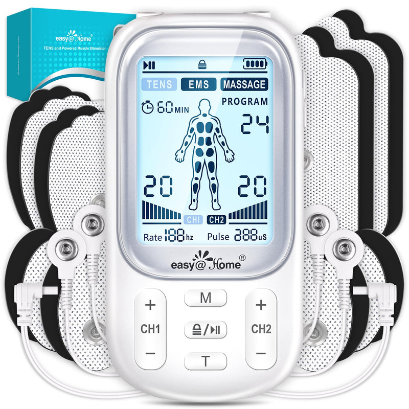 [Australia - AusPower] - Easy@Home Electronic TENS Unit: Pain Relief Therapy - EMS Pulse Massager Rechargeable Machine - Dual Channel 24 Modes 20 Intensities 16 Pads TENS and Powered Muscle Stimulator EHE020 White 