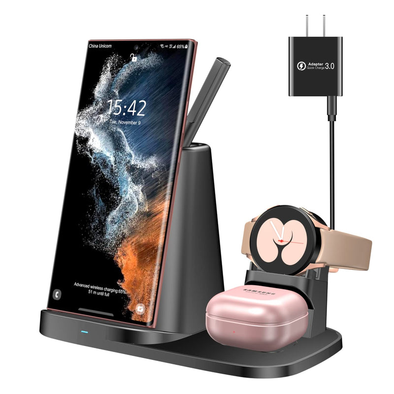 [Australia - AusPower] - 4 in 1 Charging Station for Samsung Galaxy Phone/Watch/Buds, Fast Wireless Charger Stand Compatible with S23/S22/S21/S20/S10/Note 20/Note 10/Z Flip/Fold 3,Galaxy Watch 5 Pro/4/3/Active 2/Gear S4,Buds 