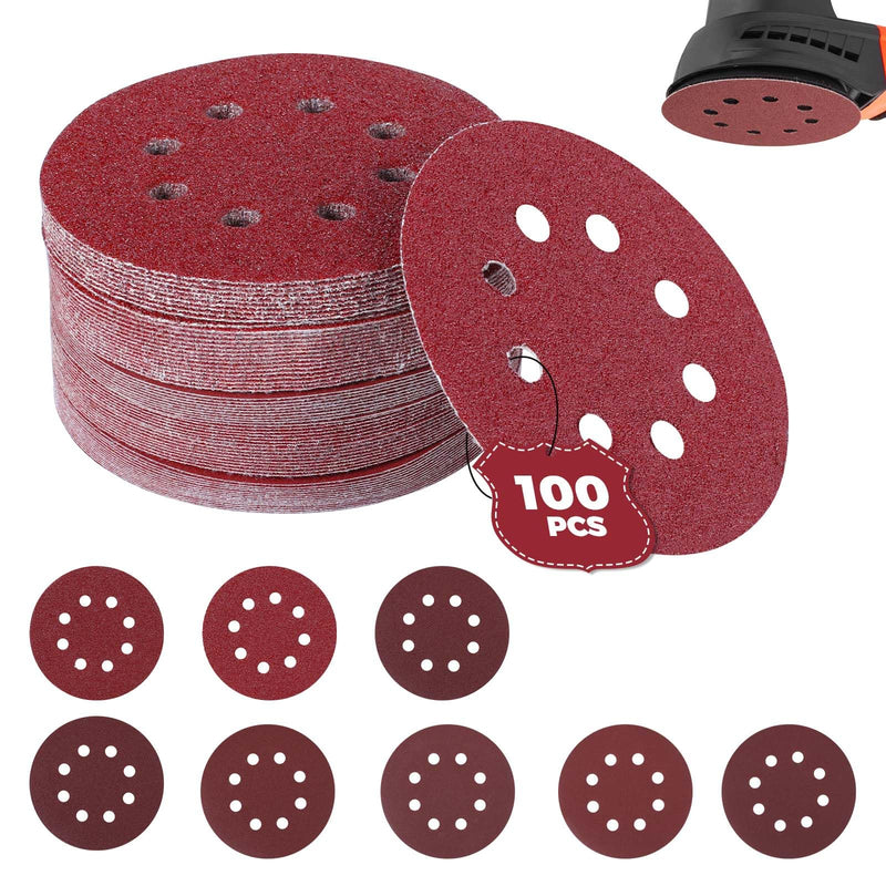Pack of 100 Sandpaper 125 mm, Sanding Discs 8 Holes, P40/P60/P80/P120/P180/P240/P320/P400 Eccentric Round Sandpaper Pack of 100 mixed grit