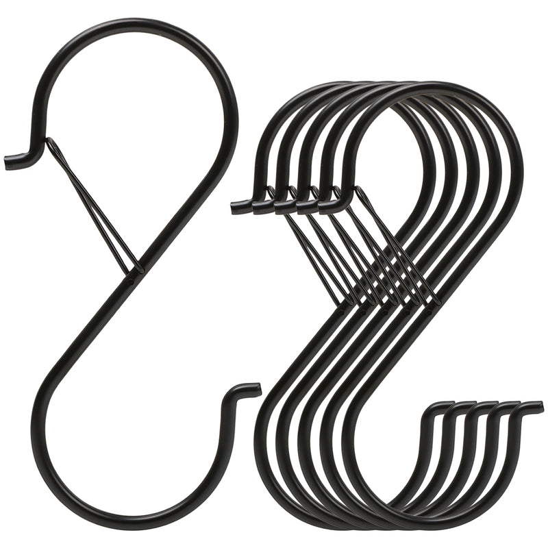 [Australia - AusPower] - 6 Pack 5 Inch S Hooks for Hanging, Heavy Duty S Hooks with Safety Buckle, S Shape Hooks for Hanging Kitchen Utensils, Pots and Pans, Cups, Plants, Clothes and Bags, Black 6 Pack 