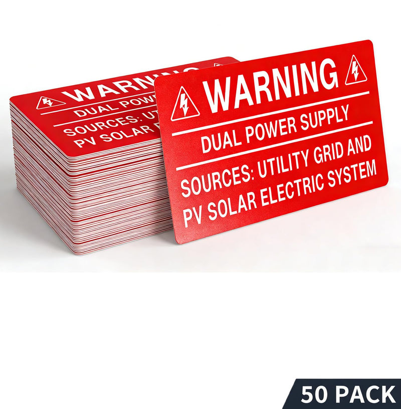 50PCS Solar Warning Labels, Warning Dual Power Supply - Sources Utility Grid and PV Solar Electric System, UV Resistant Electrical Panel Stickers for Installers