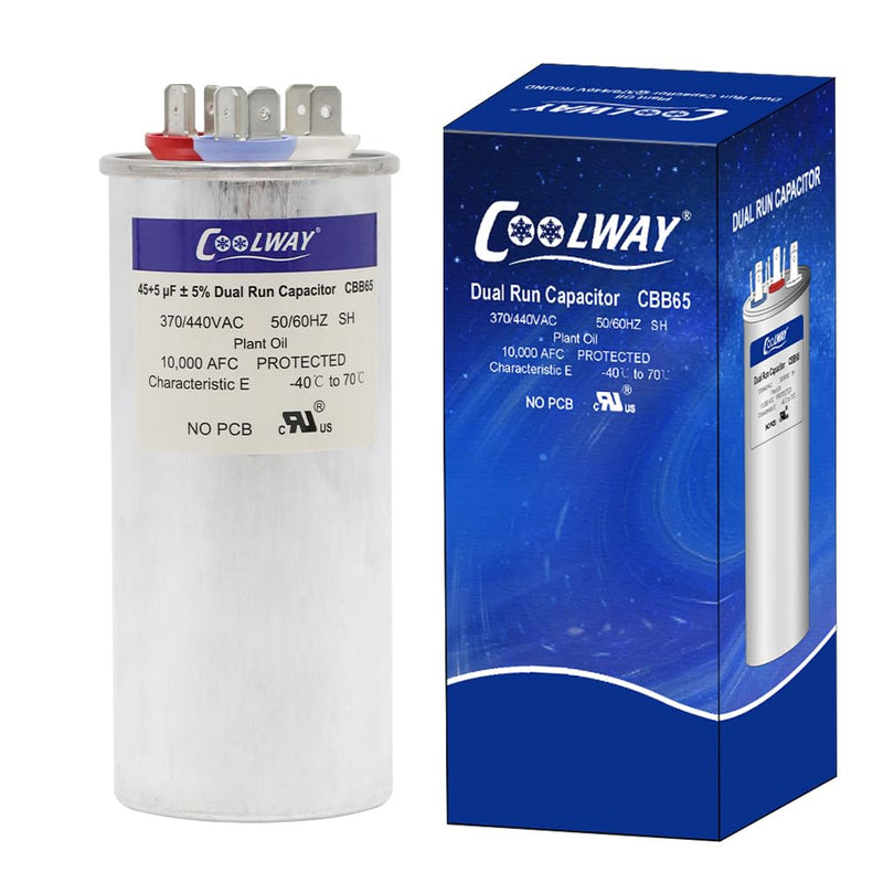 [Australia - AusPower] - COOLWAY 45/5 uF 45+5 MFD 370V or 440V Dual Run Start ac Capacitor for ac 45 5 CBB65r CBB65b Capacitor 370 440 volt vac Air Conditioner Capacitor for Motor Start or Heat Pump, condenser, pool pump 45+5MFD 