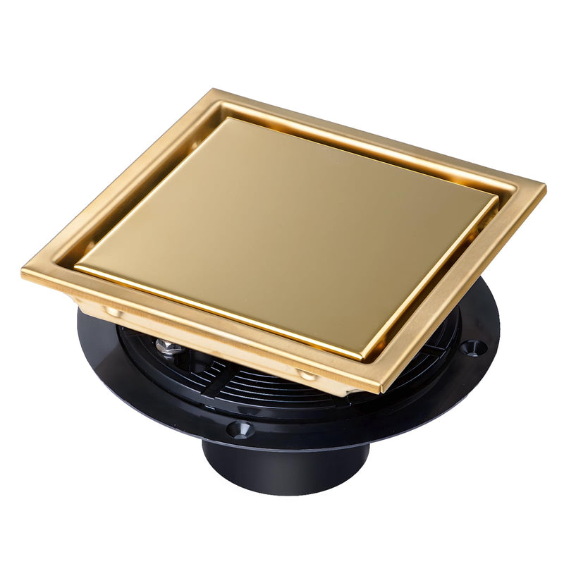 SaniteModar Shower Drain, 6 inch Shower Floor Square Drain with Flange, 2 in 1 Panel SUS 304 Stainless Steel Square Shower Drain, Brushed Gold…