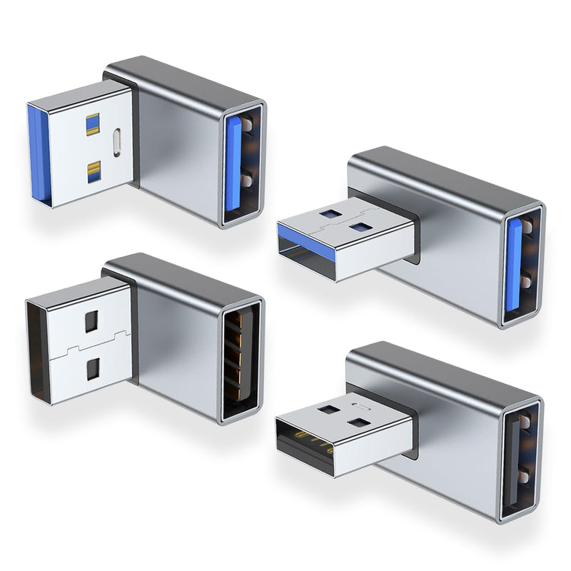 [Australia - AusPower] - AreMe 90 Degree USB 3.0 Adapter 4 Pack, Up and Down Angle, Left and Right Angle USB A Male to Female Converter Extender for PC, Laptop, USB A Charger, Power Bank and More (Grey) Grey 