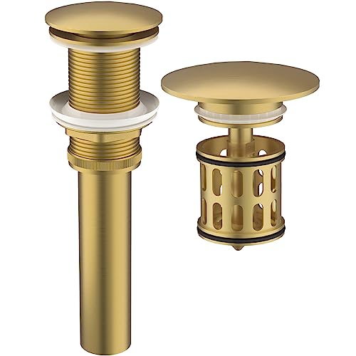 Bathroom Pop up Drain Without Overflow, Anti-Clogging Vessel Sink Drain Strainer, Pop Up Drain with Detachable Basket, Hair Catcher Bathroom Sink Drain Stopper(Brushed Gold, No Overflow) Brushed Gold