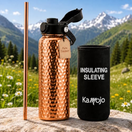 Kamojo Copper Water Bottle 32 oz, Push Button Lid, 100% Copper Cup, Straw & Insulating Sleeve for Drinking Water, Handcrafted Ayurvedic Design Black