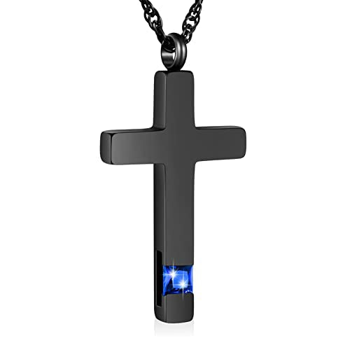 Dletay Cross Necklace for Ashes Stainless Steel Cremation Jewelry for Ashes Gem Blue Zircon Urn Necklace for Men Women Ash Holder Black1