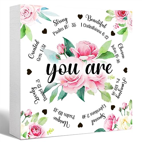 Inspirational Wood Box Sign Christian Wooden Block Signs The Bible Verse Quote Desk Décor for Home Office Bedroom Table Décor,Religious Gifts Christian Gifts for Women You Are Created