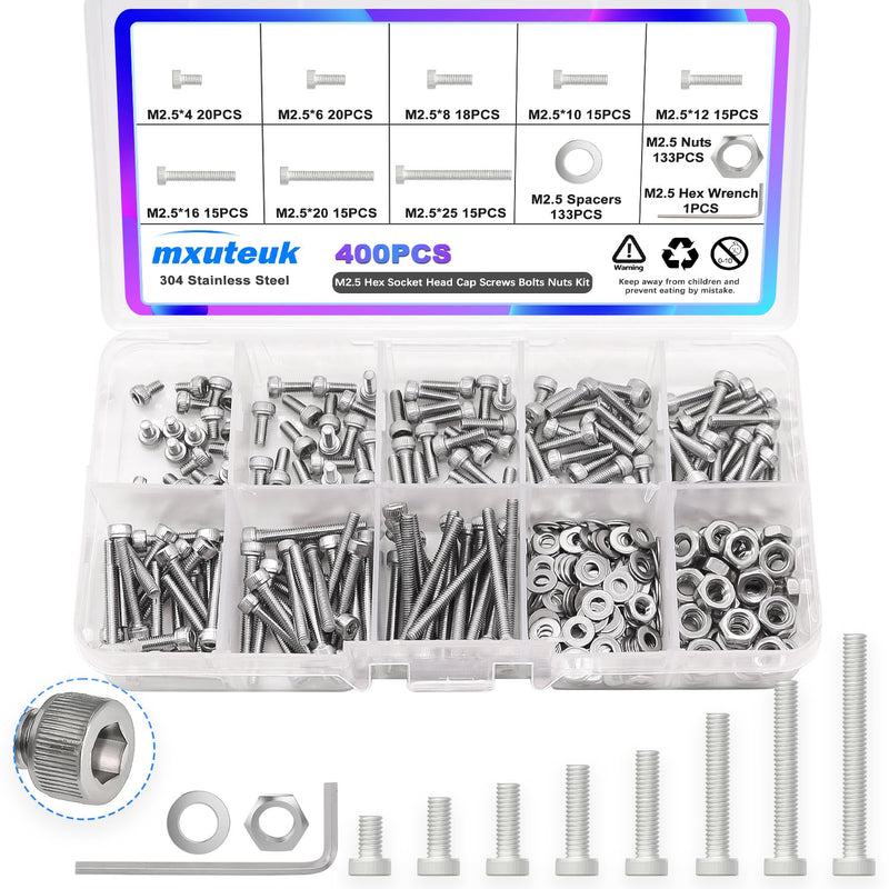 [Australia - AusPower] - mxuteuk M2.5 Screw Assortment Set,M2.5 x 4/6/8/10/12/16/20/25mm Hex Socket Head Cap Screws Bolts Nuts Kit,400PCS 304 Stainless Steel Assorted Screws with Hex Wrench G035-M2.5 Silver 