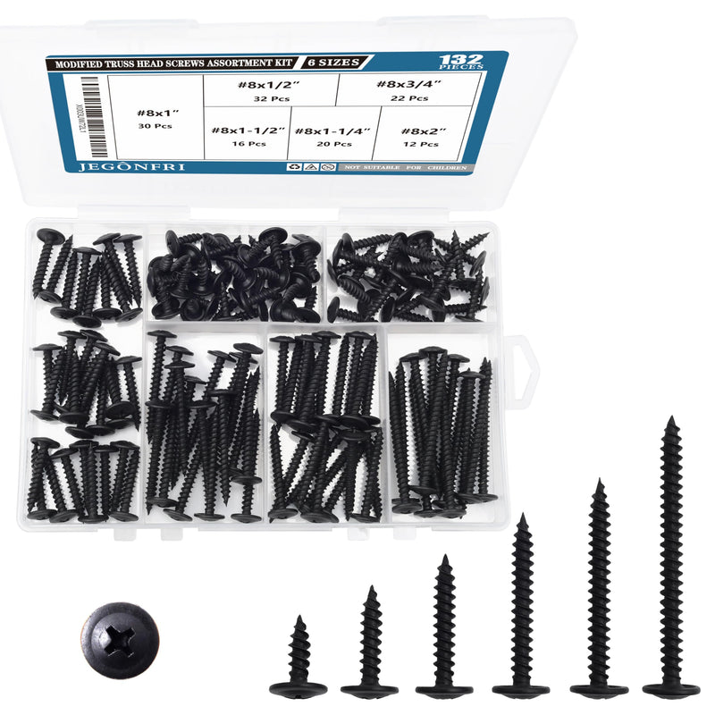 [Australia - AusPower] - #8 Modified Truss Head Black Wood Screws Assortment Kit, 132 pcs, Phillips Drive, Wood Screws, Screws, Screws Assortment, Screws Set, 6 Sizes (1/2”, 3/4”, 1”, 1-1/4”, 1-1/2”, 2”) (Black) Black Screw Kit 