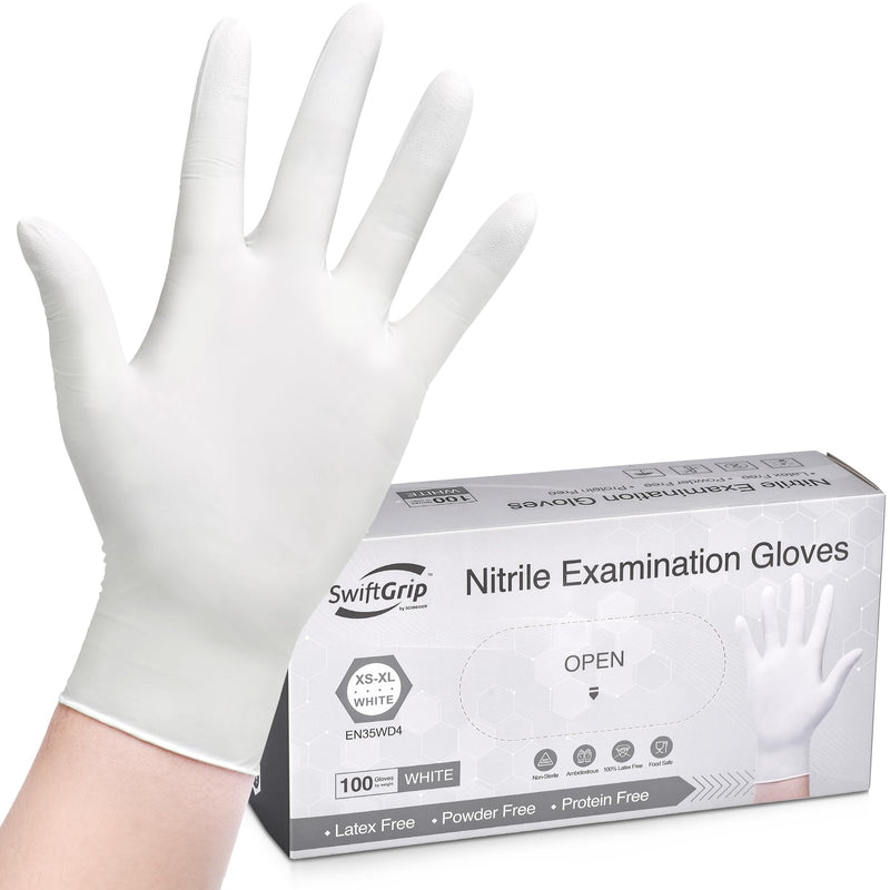 [Australia - AusPower] - Disposable Nitrile Exam Gloves, 3-mil, Medium, Box of 100, White Nitrile Gloves Disposable Latex Free for Medical, Cleaning, Cooking & Esthetician, Food-Safe, Powder-Free, Non-Sterile 