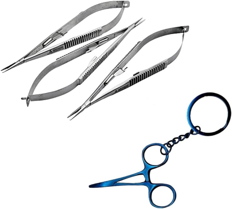 [Australia - AusPower] - Bundle of 3 pcs Castroviejo Needle Holder Hemostat Mayo Hegar Mosquito Keychain (Blue) 