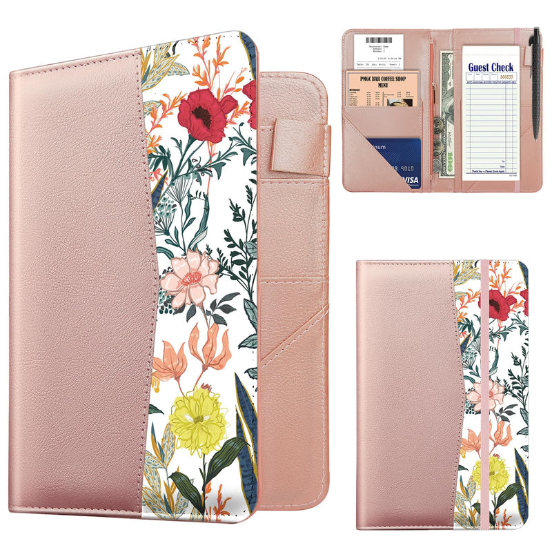 [Australia - AusPower] - Server Books for Waitress, PU Leather Cute Pink Waitress Book with 1 Money Zipper Pocket, Server Book with 9 Pockets and 1 Pen Holder, Serving Book Organizer Fit Server Apron -Flowers U 