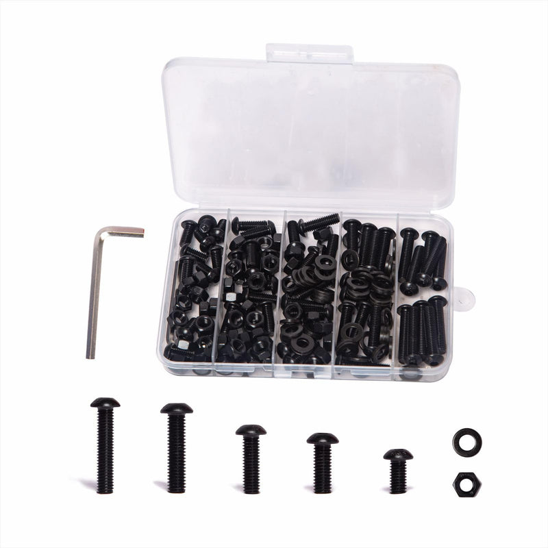 [Australia - AusPower] - 150PCS M6 x 12/16/20/25/30mm Button Head Hex Socket Cap Screws Bolts Nuts Washer Assortment Kit, 10.9 Grade Alloy Steel Black Oxide, Metric Bolts and Nuts Assortment,Fully Threaded M6 Alloy Steel Black Button Head Kit 150 
