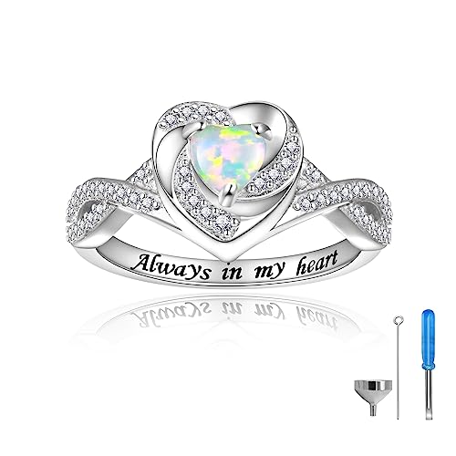 Sariel Heart Cremation Ring for Ashes - 925 Sterling Silver Opal Urn Keepake Rings Memorial Jewelry for Women White 8