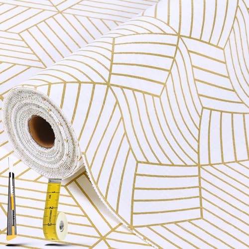 Shelf Liners for Kitchen Cabinets 12in x 30FT, Non Adhesive Cabinet Liner Strong Non-Slip Thickened Gold Geometric Drawer Liner, Easy to Clean for Shelf, Cabinet with Knife and Tape Measure Gold Geometry 12"W x 354.3"L