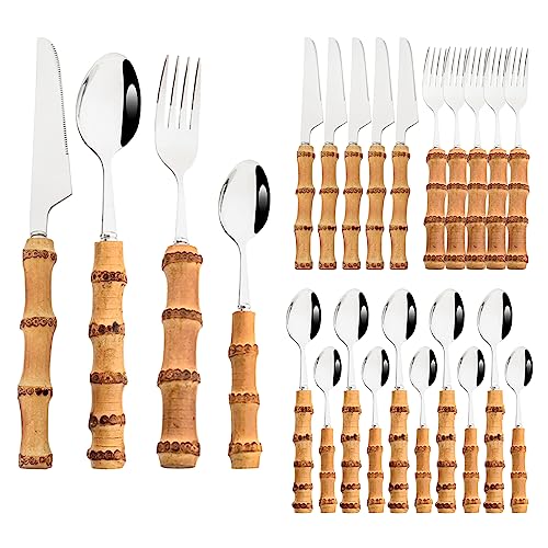 24-PIECE Silver Polish Flatware Set With Natural Bamboo Handle, Basic Chinoiserie Tableware Set For Daily Dining And Kitchen, Service for 6 24pcs Service for 6