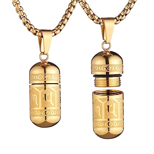 STWTR Tibetan Buddhist Meditation Stainless Steel Pendant Memorial Cremation Grey Pill Container Necklace for men and women with 23.6 "+1.9" necklace Gold