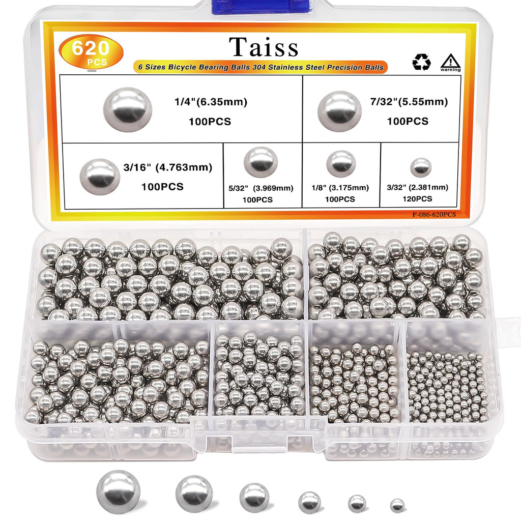 Taiss 620PCS 304 Stainless Steel Precision Balls 6 Sizes 1/4" 7/32" 3/16" 5/32" 1/8" 3/32" Precision Balls Assortment Kit F-086-620PCS