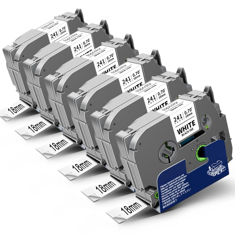 [Australia - AusPower] - 6-Pack Tze 18mm 0.7" Laminated White Compatible for Brother Tze-241 Tze241 Tz-241 Tz241 3/4 Inch Black on White Tz Label Tape 18mm for P Touch Label Maker PTD410 PTD400 PTD610BT PTD600 PTD460 6 