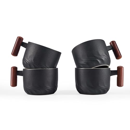 6oz Ceramic Espresso Cups with Wooden Handle, Small Coffee Cups for Latte Cappuccino, Tea Cups Set of 4 Black 6oz
