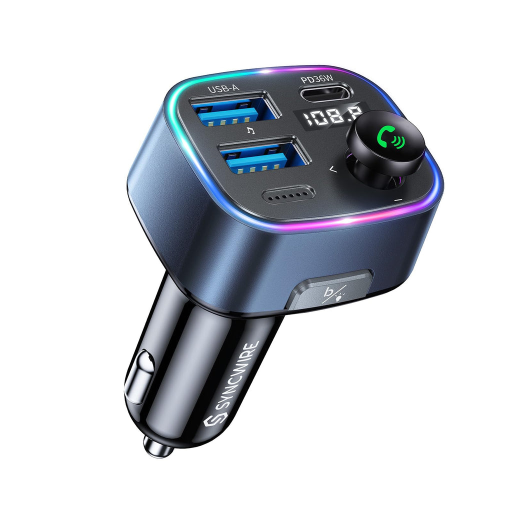 [Australia - AusPower] - Syncwire Bluetooth 5.3 FM Transmitter Car Adapter 48W(PD 36W & 12W) [Light Switch] [Hi-Fi Deep Bass] [Fast Charging] Wireless Radio Music Adapter LED Display Hands-Free Calling Support USB Drive Dark Blue 