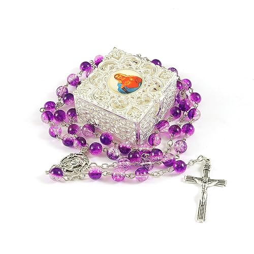 Rosary Beads Catholic for Women With Vintage Jewelry Box, Purple Crystal Rosary Necklace with Metal Gift Box, First Communion Rosary for Anglican Prayer Beads Catholic Gifts Purple-302