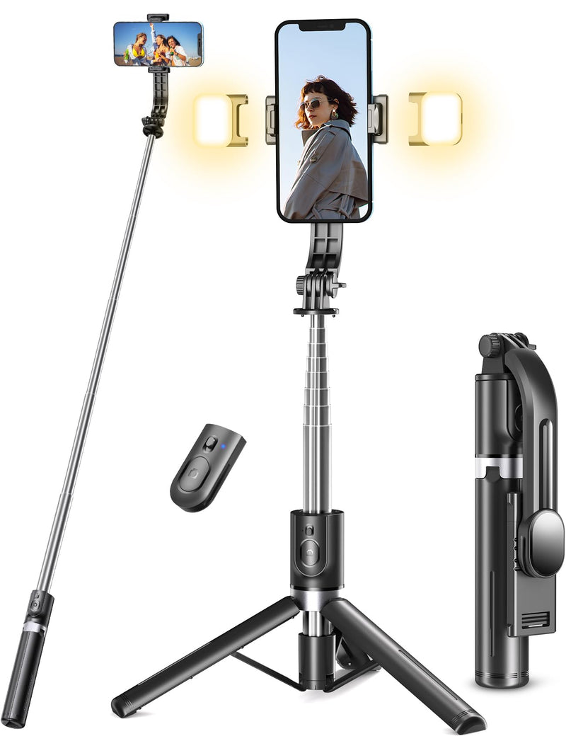 [Australia - AusPower] - Selfie Stick Tripod with Light, 45'' Selfie Stick with Wireless Remote, Portable Phone Tripod Compatible with iPhone 15 Pro Max/15/14 Pro/14/13, Samsung S22/ S23 Ultra/Android Smartphone Black 