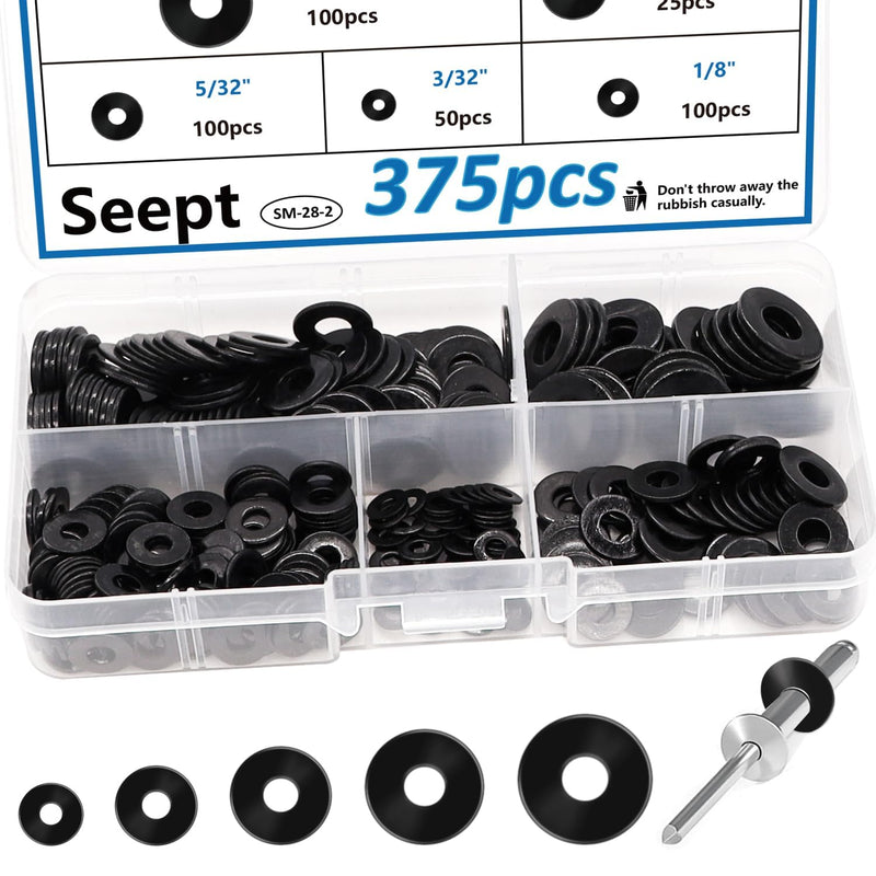 [Australia - AusPower] - 375PCS Black Pop rivet washers assortment kit for Black Pop Rivets Diameter 3/32",1/8",5/32",3/16", 1/4" 304 Stainless Steel pop Rivet Washer Aluminum pop rivet washers Blind rivet washer 3/32",1/8",5/32",3/16", 1/4" 