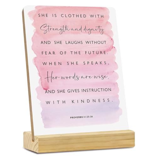 MUBIAO Inspirational Bible Verse Rustic Wooden Plaque with Stand, Proverbs 31:25-26, 4x5 Inches, Wood Material Multicolor459