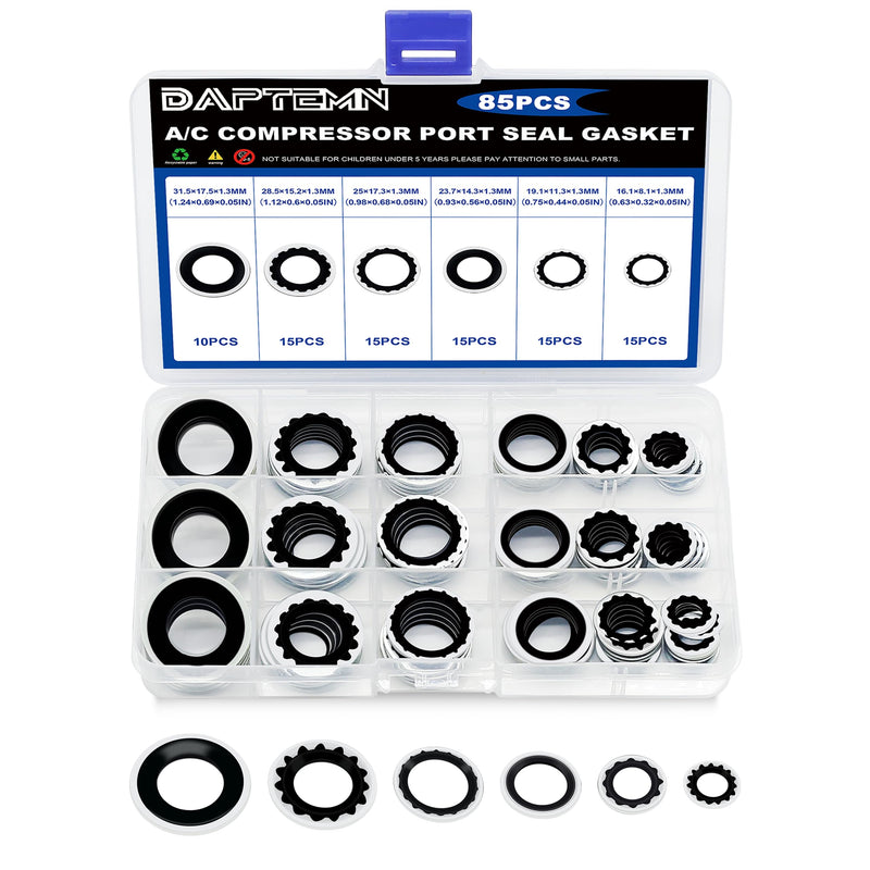 [Australia - AusPower] - 85PCS A/C Compressor Bonded Seal Washers Assortment Kit, 6 Sizes Air Conditioning Compressor Port Gasket Repairs Universal Automotive Self-Centered Washers (ID: 8mm-17.5mm) 85PCS A/C O-Ring Black 