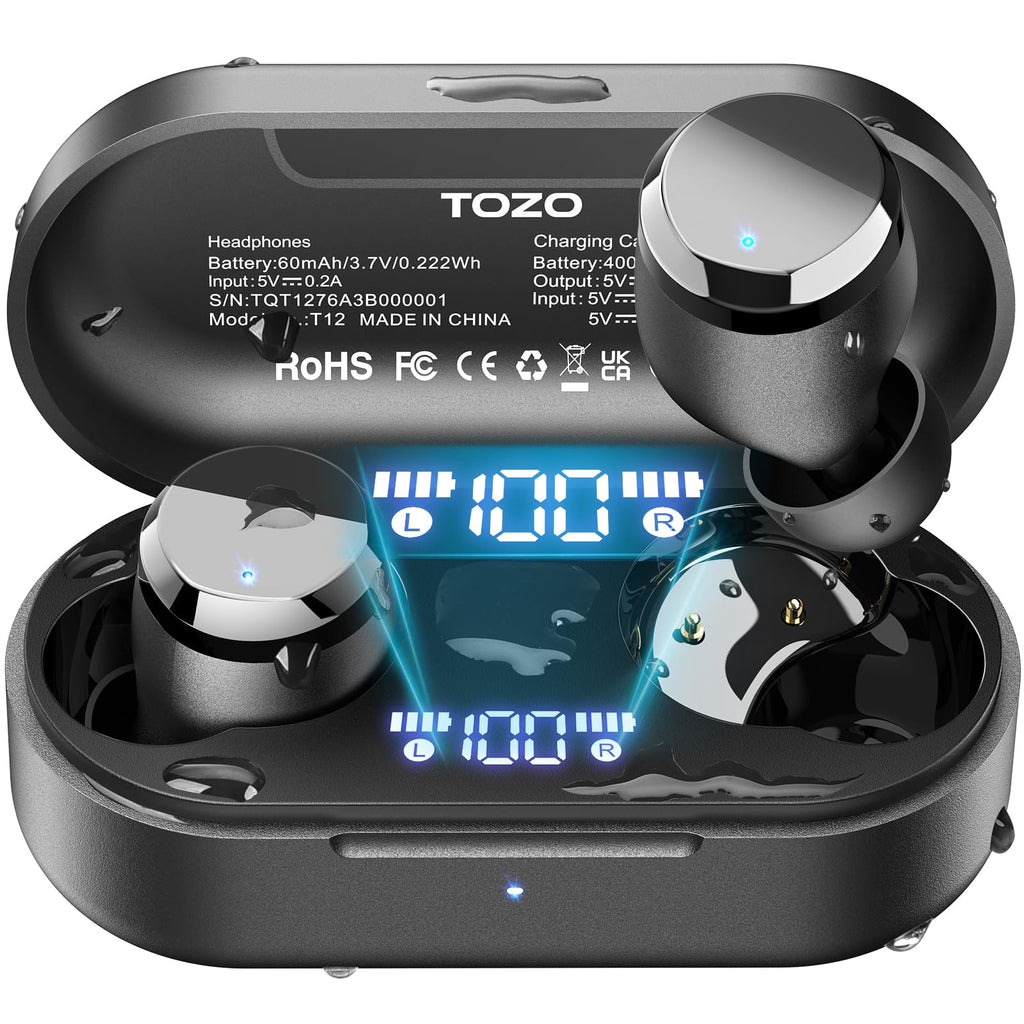 [Australia - AusPower] - TOZO T12 Wireless Earbuds Bluetooth 5.3 Headphones Built-in ENC Noise Cancelling Mic, 55 Hrs Playtime App Customize EQ IPX8 Waterproof LED Digital Display Premium Sound Headset Black Compact Ergonomic Edition 