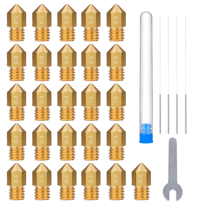 ELEGOO 26pcs MK8 Nozzles Multi Size, 3D Printer Brass Hotend Nozzles 0.2mm/0.3mm/0.4mm/0.5mm/0.6mm/0.8mm/1.0mm with DIY Tools Compatible with Neptune 3 Series and More Brass Multi Sizes