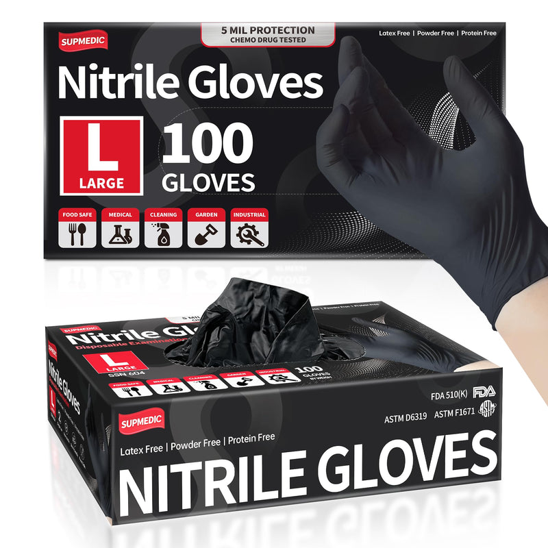 [Australia - AusPower] - Disposable Nitrile Exam Gloves, 5 Mil Chemical Resistant Powder-Free Non-Sterile Food Safe Medical Glove, Black Black (Large 100) 