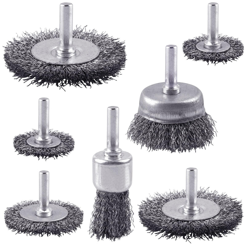 [Australia - AusPower] - Rocaris 7 Pack Carbon Steel Wire Wheel Brush, Cup Brush, Wheel Brush, Pen Brush Set with 1/4-Inch Round Shank for Rust Removal, Corrosion and Scrub Surface 