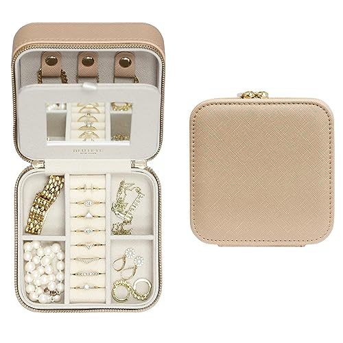 Saffiano Leather Travel Jewelry Box with Mirror | Portable Jewelry Zipper Case | Multi Compartments Jewelry Organizer for Women | Popular Gift Jewelry Box Rings Earrings Nacklaces (Sand) Sand