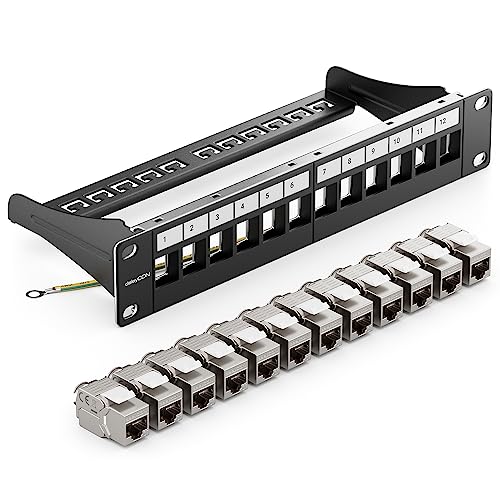 deleyCON 12-Port CAT7 Patch Panel Set 10 Inch 1U 10 Gbit/s - Black | Modular patch panel distribution panel, rack-mountable with 12x CAT 7 Keystone Modules RJ45, LAN network, 600 MHz, installation cable, black (RAL 9005 jet black)