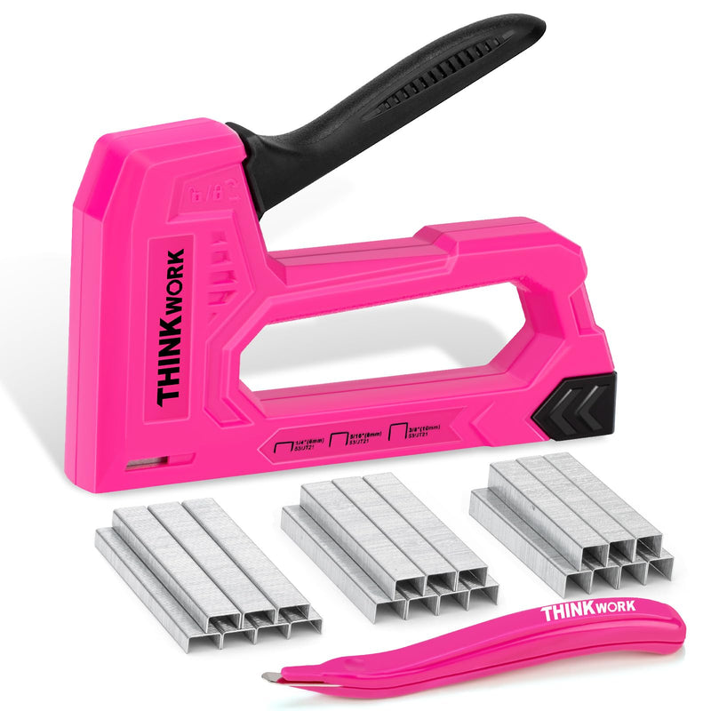 [Australia - AusPower] - THINKWORK Light Duty Staple Gun, Pink Upholstery Staple Gun for Wood with 2100pcs JT21 Staples 1/4", 5/16", 3/8" and Staple Remover, Women Fabric Stapler Gun for Crafts, Wall, Arts, DIY, Decoration 