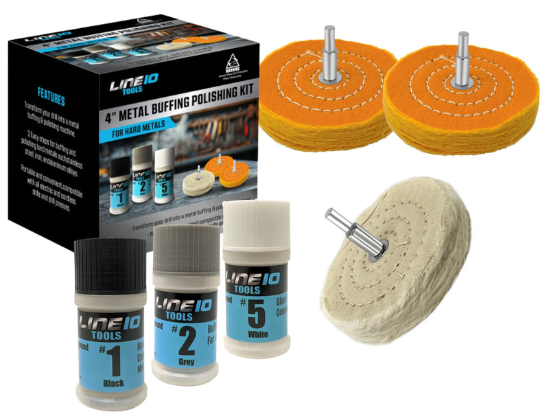 [Australia - AusPower] - LINE10 Tools Metal Buffing Polishing Kit for Drill 4" Buffing Wheels, 3-Step Polishing Compound for Aluminum, Chrome, Stainless Steel Perfect for Auto Wheel, Rim, Trim, Jewelry, Golf Club Restoration 
