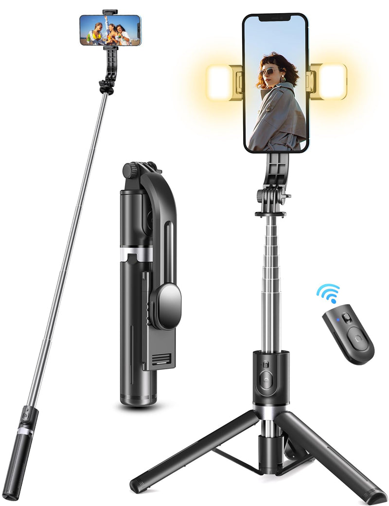 [Australia - AusPower] - 44.9 Inch Selfie Stick with Reinforced Tripod, 2 Fill Lights, Extendable & Portable Phone Tripod with Remote, Compatible with iPhone 14 Pro Max/13/12/11, Samsung, and Android D-Black＆ 2 Lights [Reinforced Stability] 