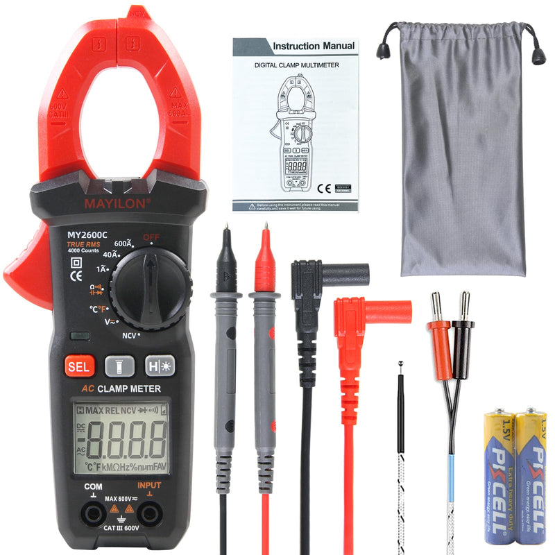 [Australia - AusPower] - MY2600C Clamp Meter AC 600A Amp Meter, 4000 Counts Digital Multimeter Voltage Tester, Measures Temperature, NCV, Voltage and Current Test, Diode, Resistance, Capacitance, Continuity 