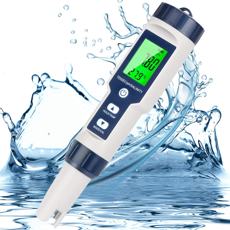 [Australia - AusPower] - 5 in 1 PH Meter for Water, PH/TDS/EC/Temp/Salt Meter, Salt Tester for Saltwater Pool, 0.01 Resolution High Accuracy Digital PH Tester for Hydroponics, Water, Wine, Aquariums and Fish Tank 