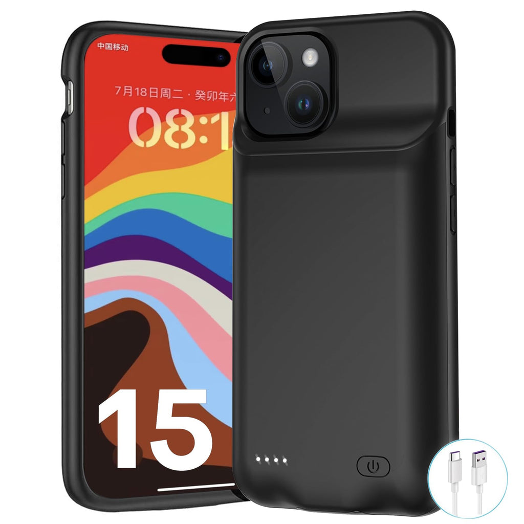 [Australia - AusPower] - Battery Case for iPhone 15, Newest 8000mAh Slim Portable Protective Charging Case Compatible with iPhone 15 (6.1 inch) with Carplay Rechargeable Extended Battery Pack Charger Case (Black) 