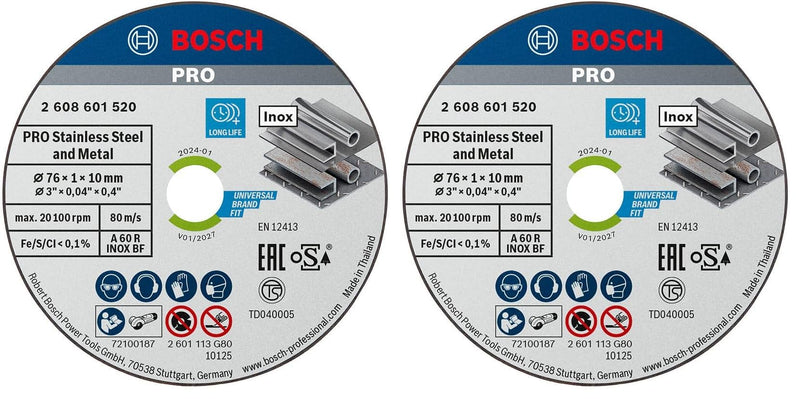 Bosch Professional Expert for Inox Cutting Disc (for Stainless Steel, 76 x 10 x 1 mm, Accessories Angle Grinder), Grey, Pack of 2, Pack of 5 Einzelpack (Packung mit 2)