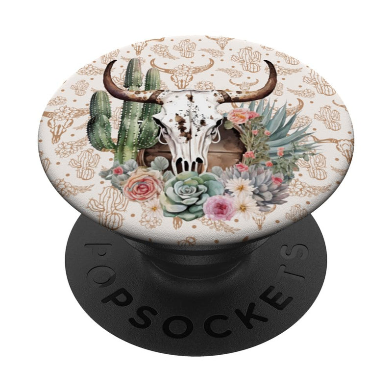 [Australia - AusPower] - Western Boho Chic Longhorn Bull Skull Cactus Beige Pattern PopSockets Swappable PopGrip Black 