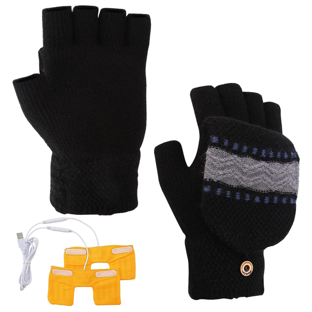 [Australia - AusPower] - Mens Womens USB Heated Gloves Mitten USB Hands Warmer Laptop Gloves Full& Half Fingerless Winter Warm Heating Gloves Men Black - 2 