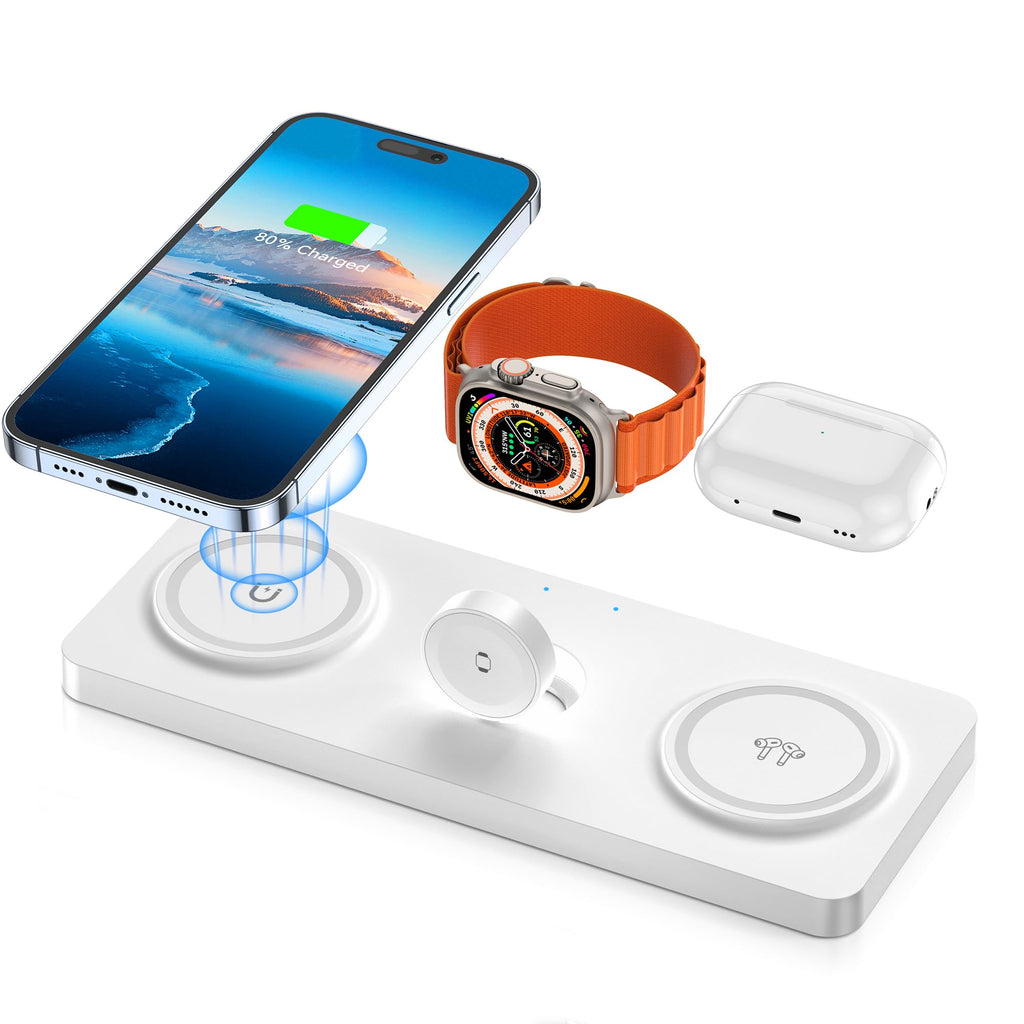 [Australia - AusPower] - 3 in 1 Magnetic Wireless Charger, Wireless Charging Pad for Magsafe Compatible with iPhone 14/13/12 Series, Apple Watch Series 1-8/Ultra, AirPods Pro/3/2 (Power Adapter Included) White 